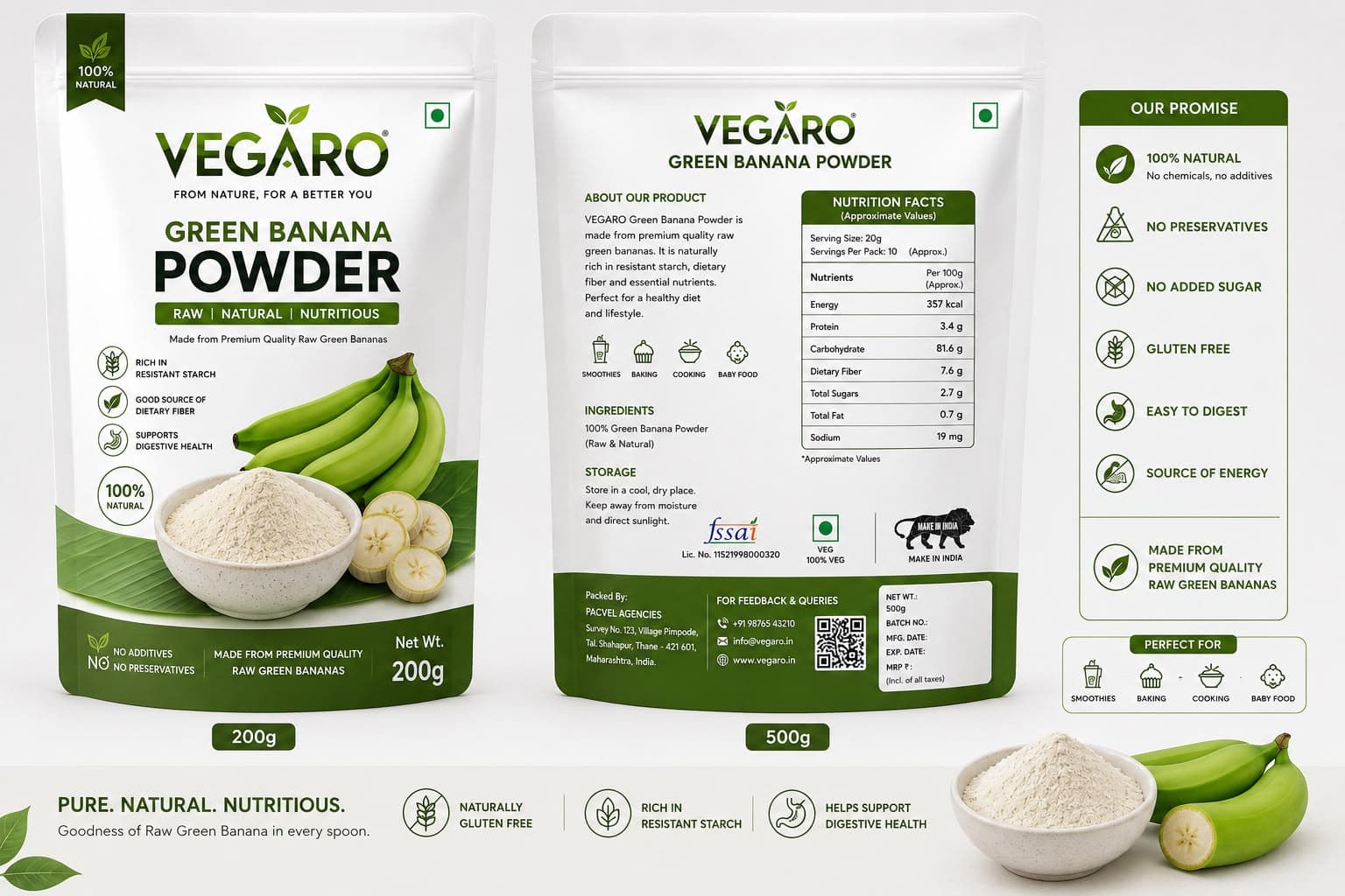 VEGARO Green Banana Powder retail pouch collage
