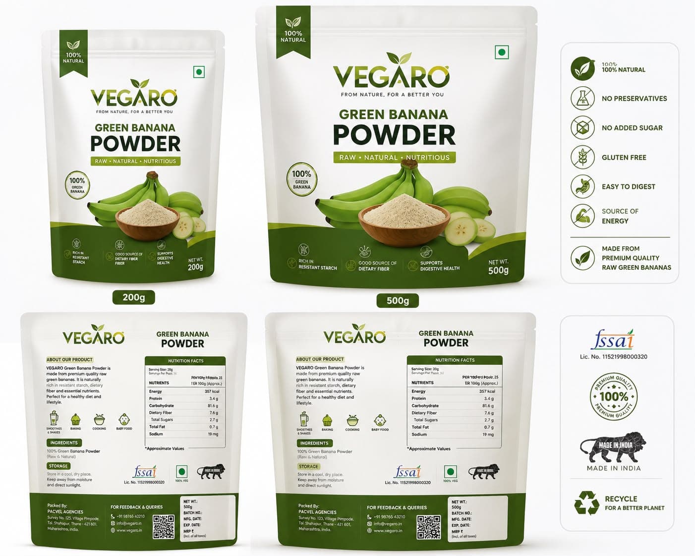 VEGARO Green Banana Powder front and back pack